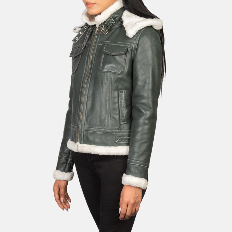 Womens Fiona Green Hooded Shearling Leather Jacket Side Pose-3-1652195479712
